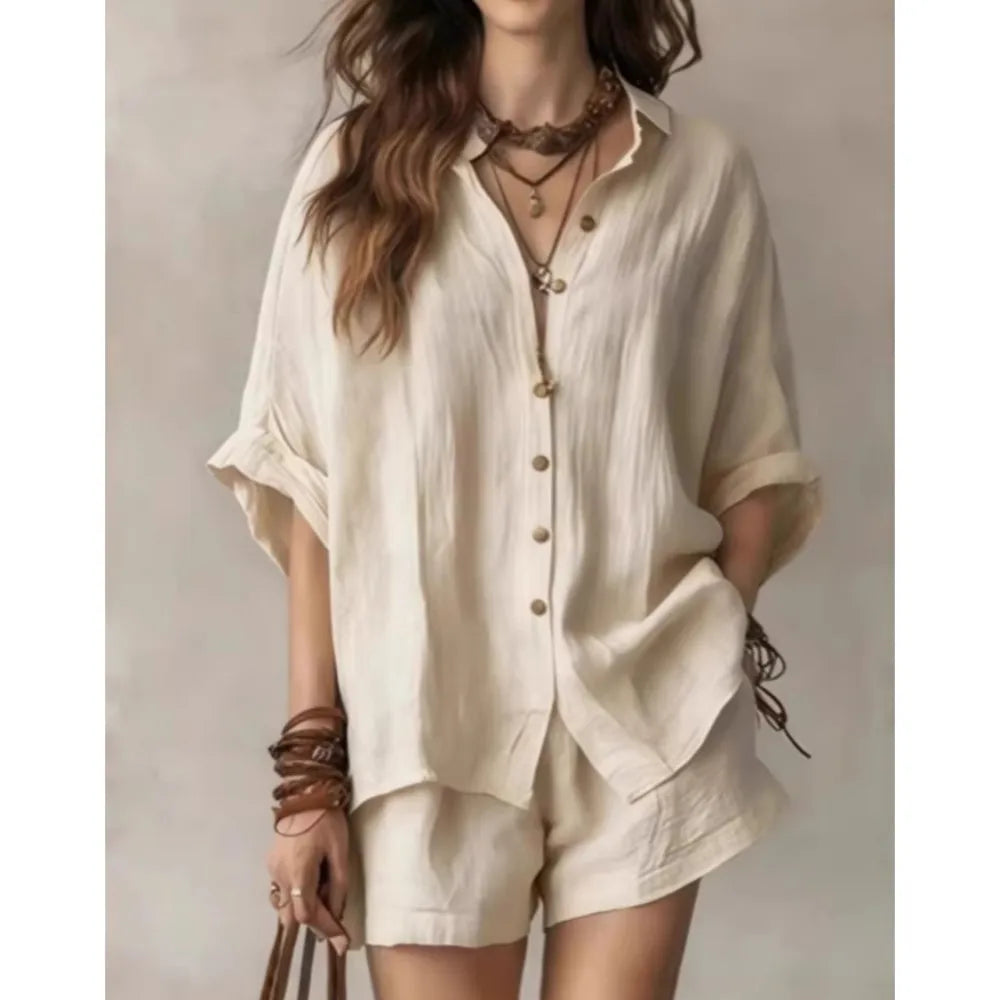 Soft women's breathable two-piece lounge set. Relaxed fit, elastic waist & pockets for ultimate comfort casual wear.