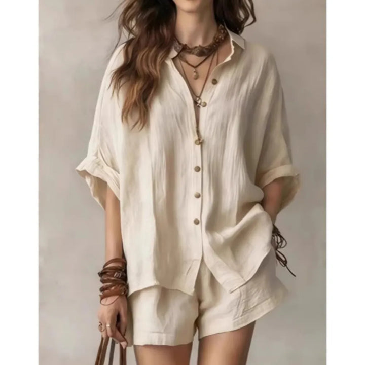 Soft women's breathable two-piece lounge set. Relaxed fit, elastic waist & pockets for ultimate comfort casual wear.