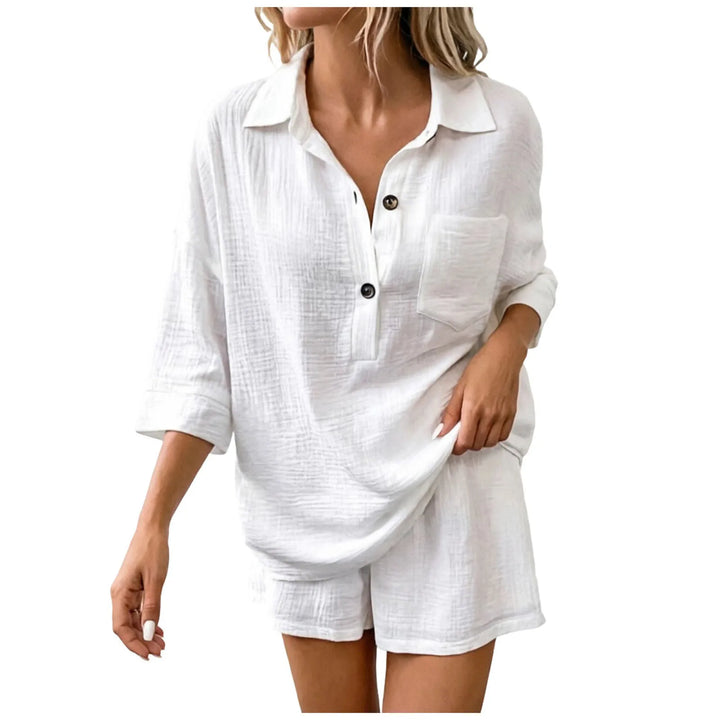 Relaxed fit women's two-piece shorts set, breathable and comfortable, perfect beachwear for summer vacation.