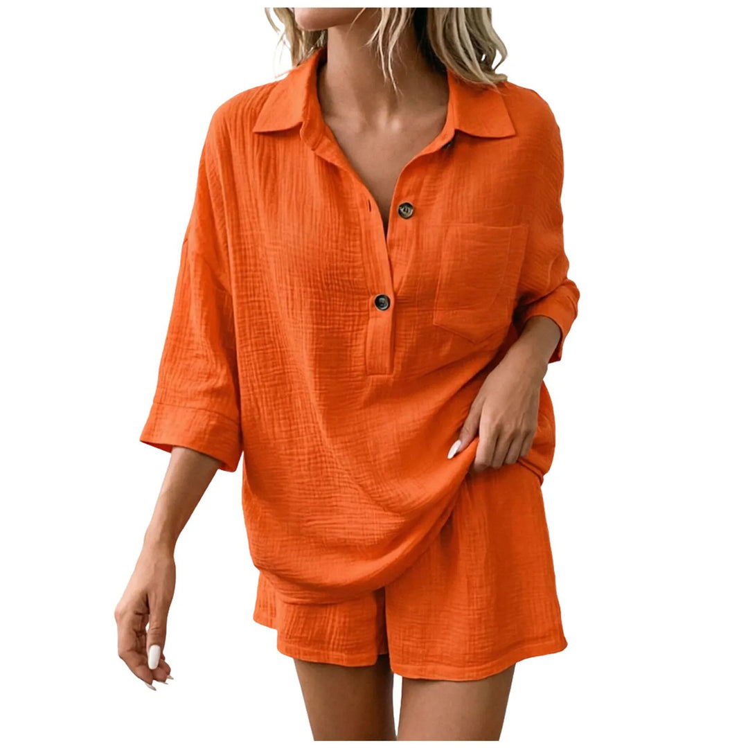 Women's breathable summer shorts set, a comfortable two-piece beach outfit for casual wear and vacation.