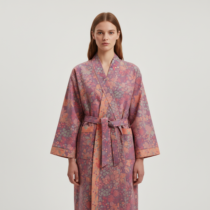 Soft vintage floral cotton bathrobe for women, comfortable and breathable loungewear