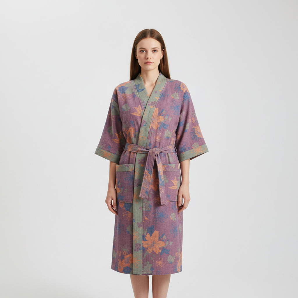 Lightweight women's cotton robe, breathable and soft, with a subtle floral motif