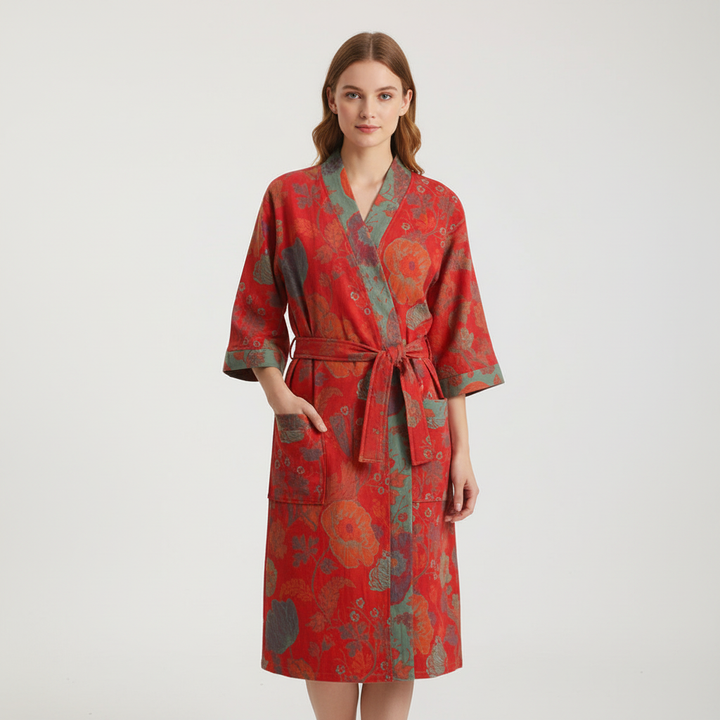Luxurious women's breathable cotton bathrobe, 'Charlotte' collection, vintage floral loungewear