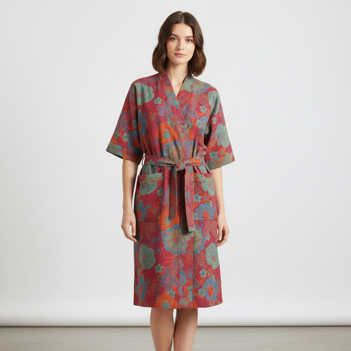 Vintage floral cotton women's bathrobe, 'Charlotte' style, ideal for breathable loungewear