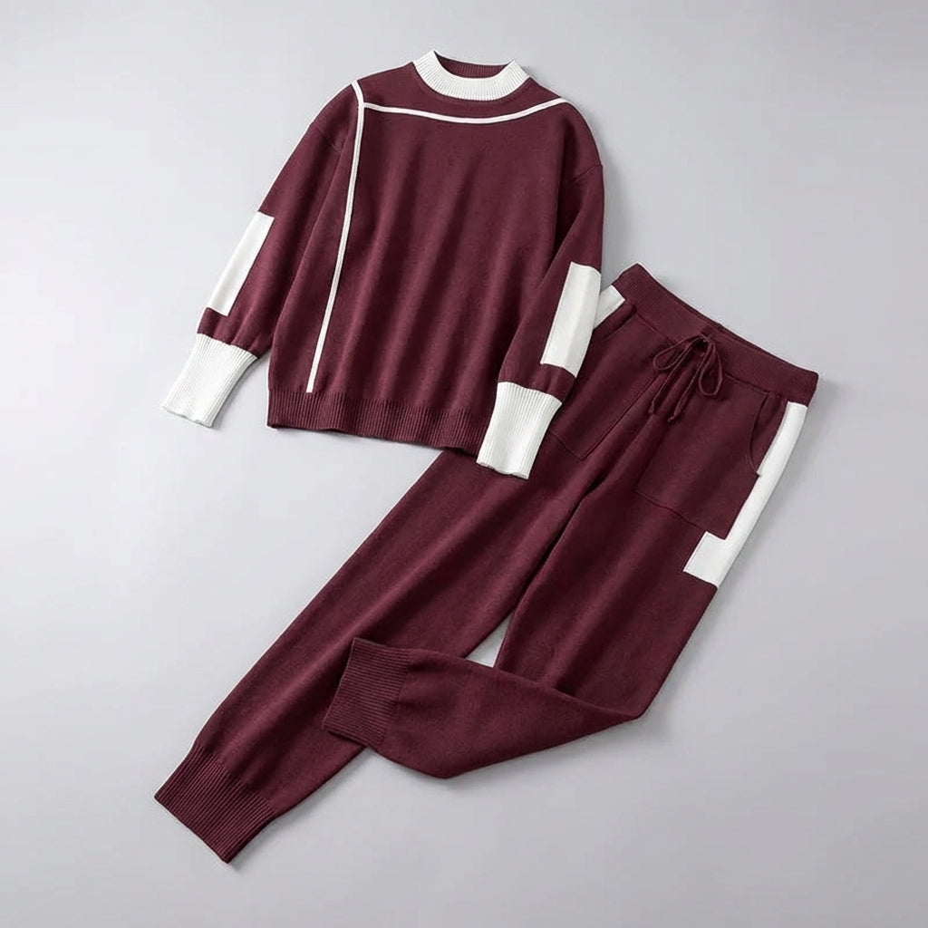 Two-piece women's breathable knit sportswear set in beige, ideal for lounging or light athletic activities