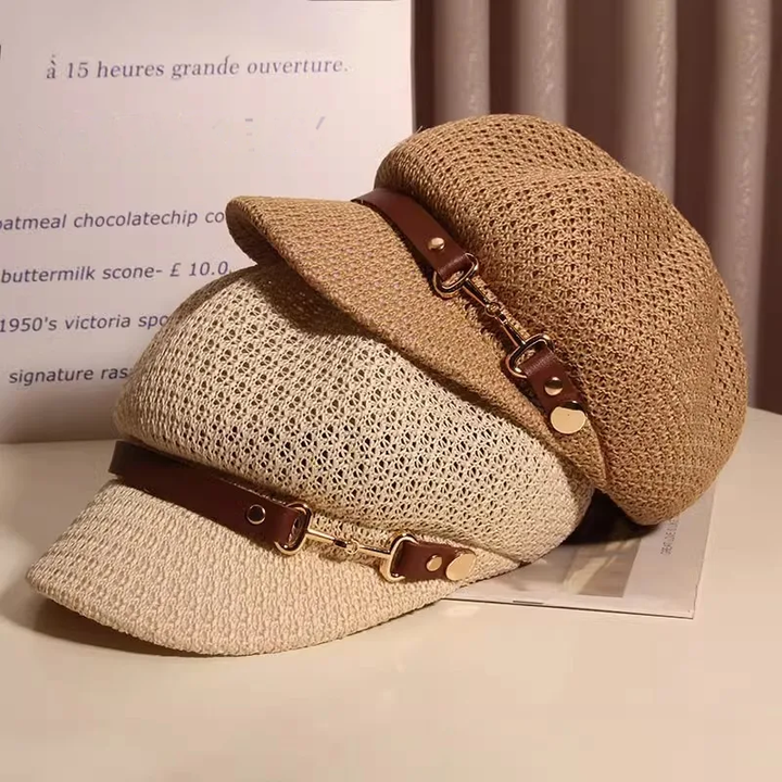 Women's breathable knitted sun hat with chic buckle, perfect for summer fashion & beach days.