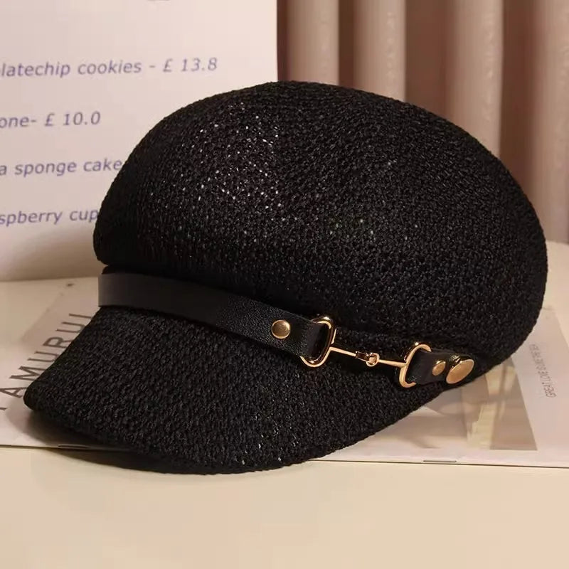 Women's breathable knitted sun hat featuring a chic buckle. Your perfect lightweight summer fashion accessory.