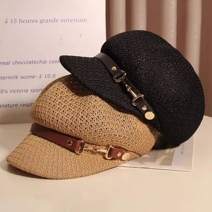 Lightweight women's knitted sun hat. Features a chic buckle, ideal for summer and boho chic style.