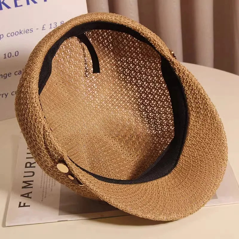 Chic women's knitted sun hat with breathable design & stylish buckle. A must-have summer fashion accessory.