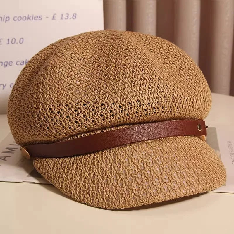 Boho chic women's sun hat, knitted and breathable, with a fashionable buckle for summer style.