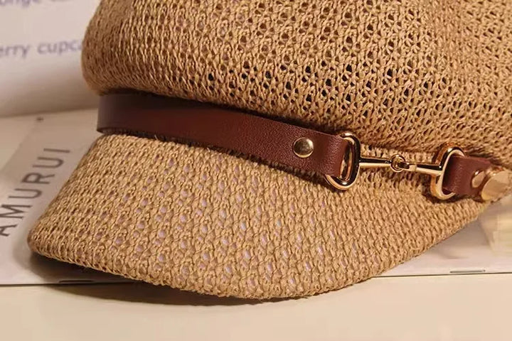 Stylish women's breathable knitted sun hat with a chic buckle, great for summer adventures & beach.