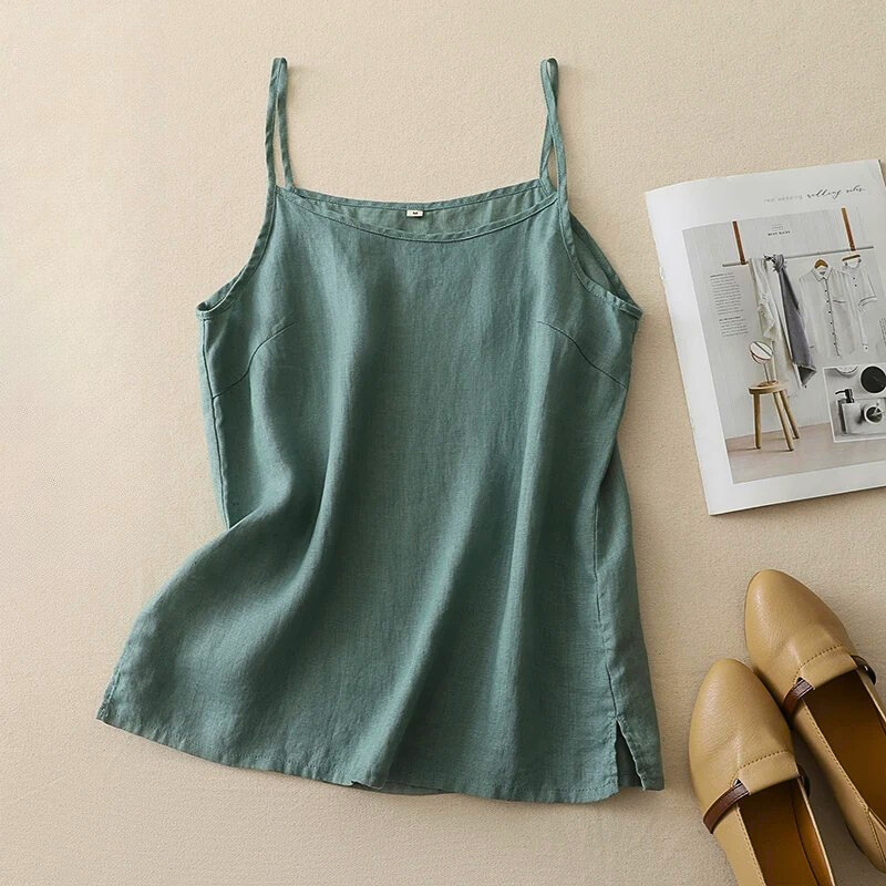 Stylish women's linen blend cami top. Breathable & lightweight tank top, ideal for summer outfits.