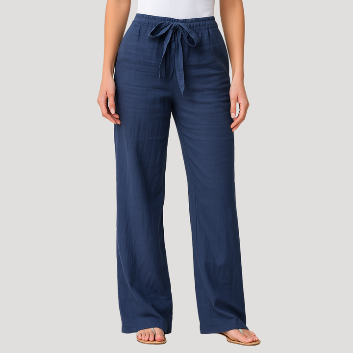 Women's breathable linen straight leg trousers with drawstring waist. Perfect for comfortable summer casual wear.