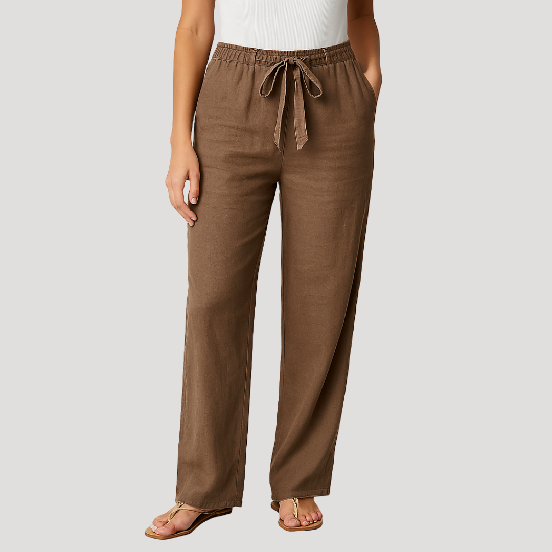 Lightweight women's linen straight leg pants with drawstring, ideal for warm weather and relaxed casual outfits.