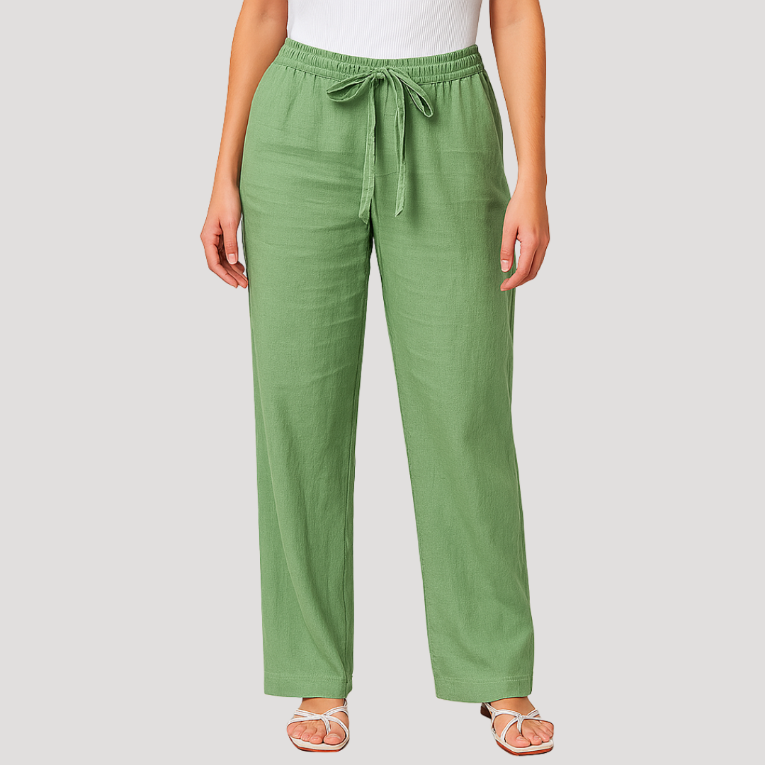 Women's summer linen drawstring straight leg trousers featuring pockets, designed for breathability and comfort.