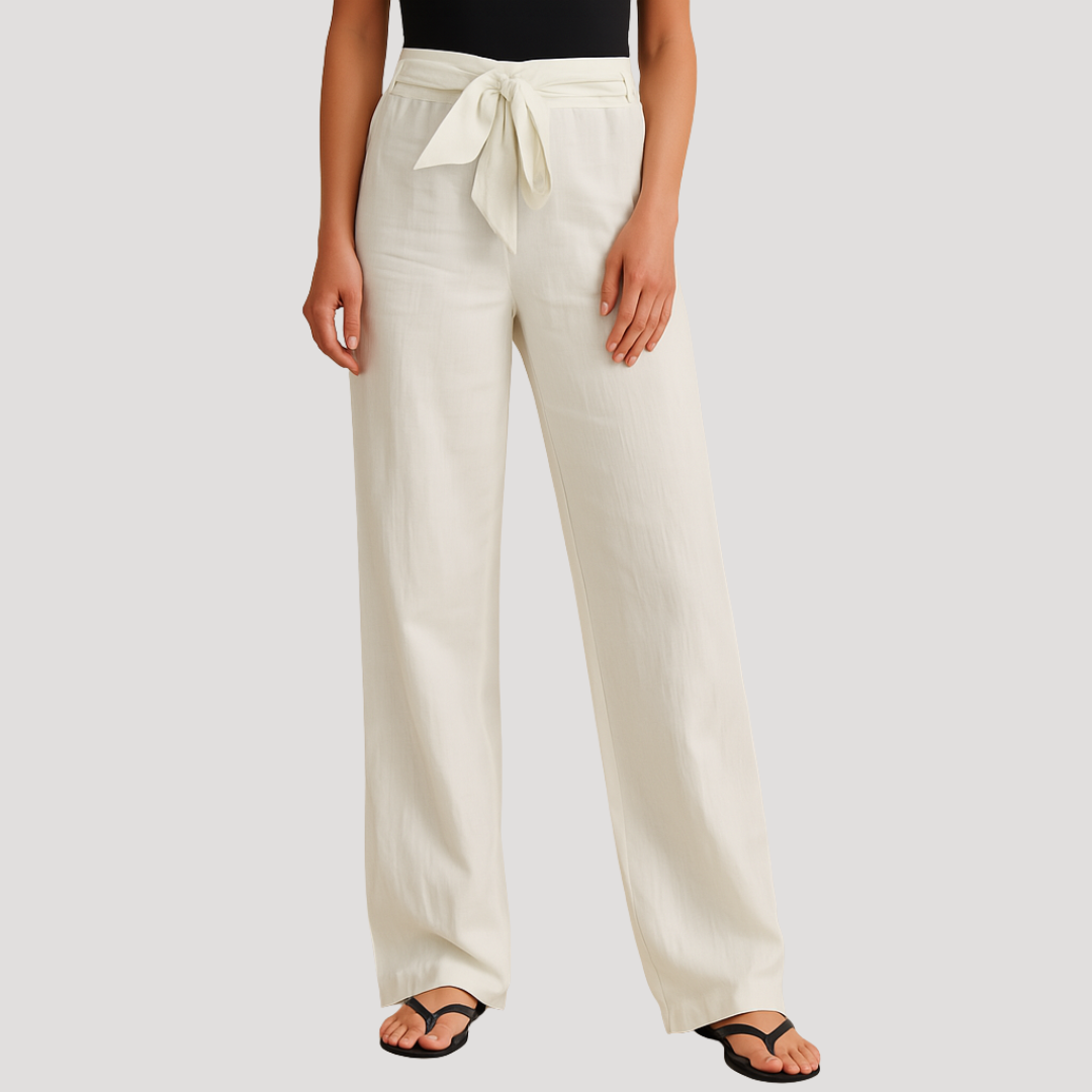 Comfortable women's breathable linen straight leg drawstring trousers, essential for casual summer and warm weather.