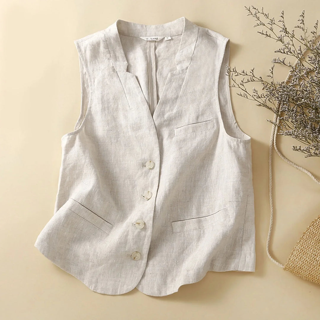 Beige women's linen vest, lightweight & structured for casual or elegant wear. Breathable summer fashion top.