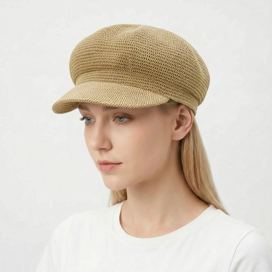 Side profile of a chic women's open-weave sun hat, offering excellent shade and a stylish summer look.