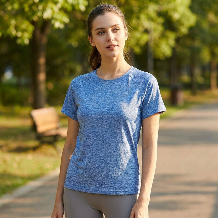 Women's breathable short sleeve sport shirt for activewear, gray cotton blend athletic top