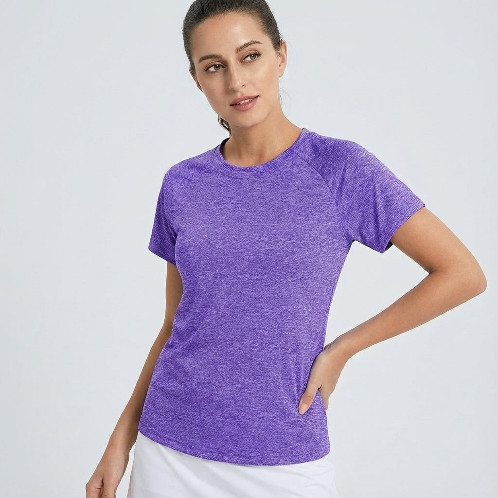 Front view of cotton blend women's athletic top, breathable short sleeve sport shirt