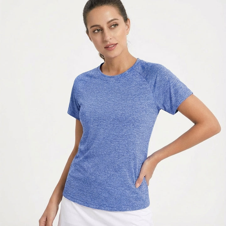 Rear view of women's breathable short sleeve activewear top, quick dry running shirt