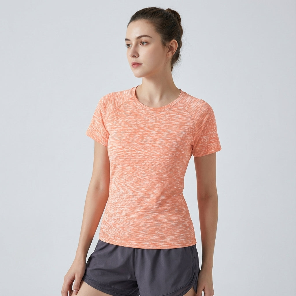 Stack of women's breathable short sleeve sport shirts, quick dry activewear collection