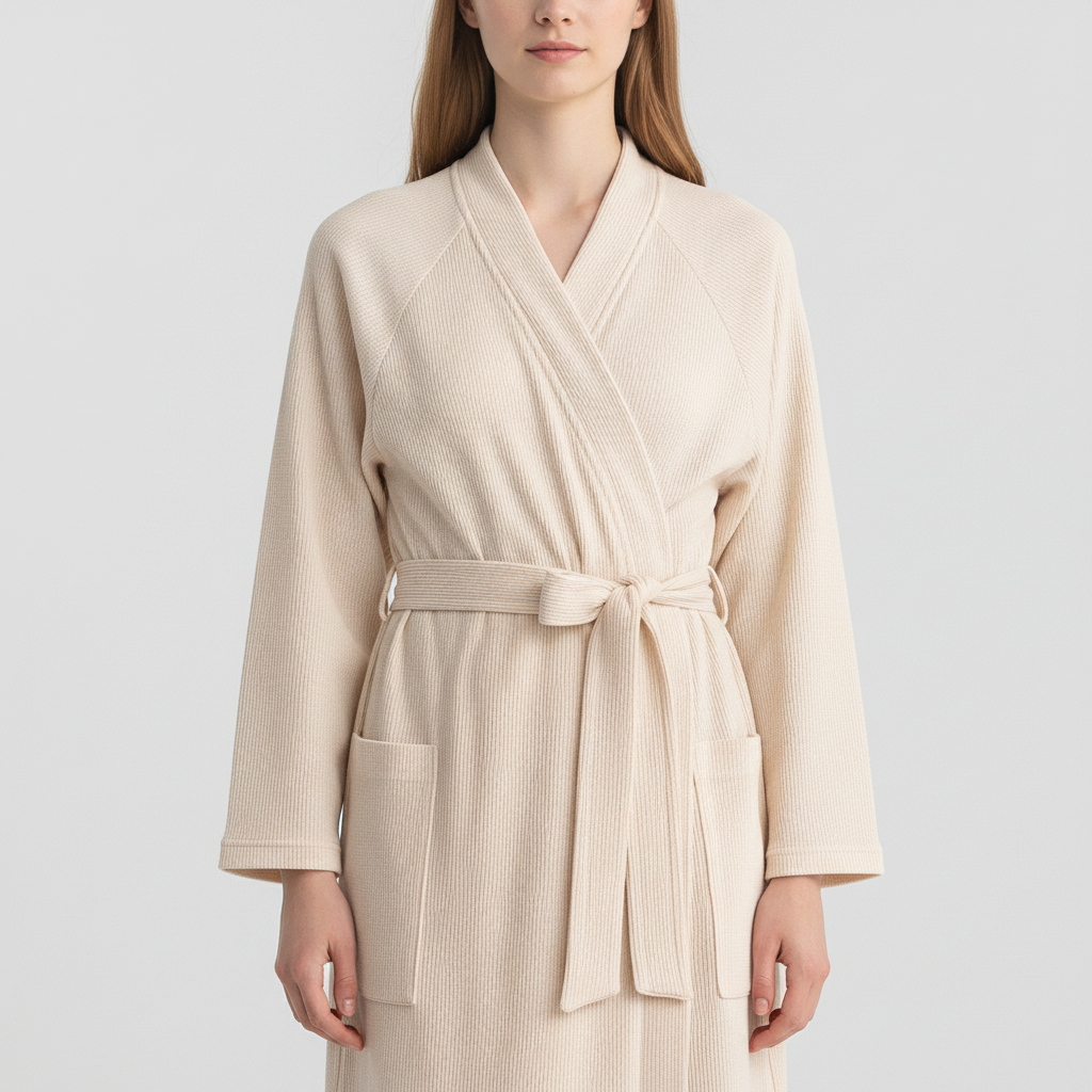 Close-up of fluffy fabric on a women's soft breathable comfort bathrobe, perfect nightwear