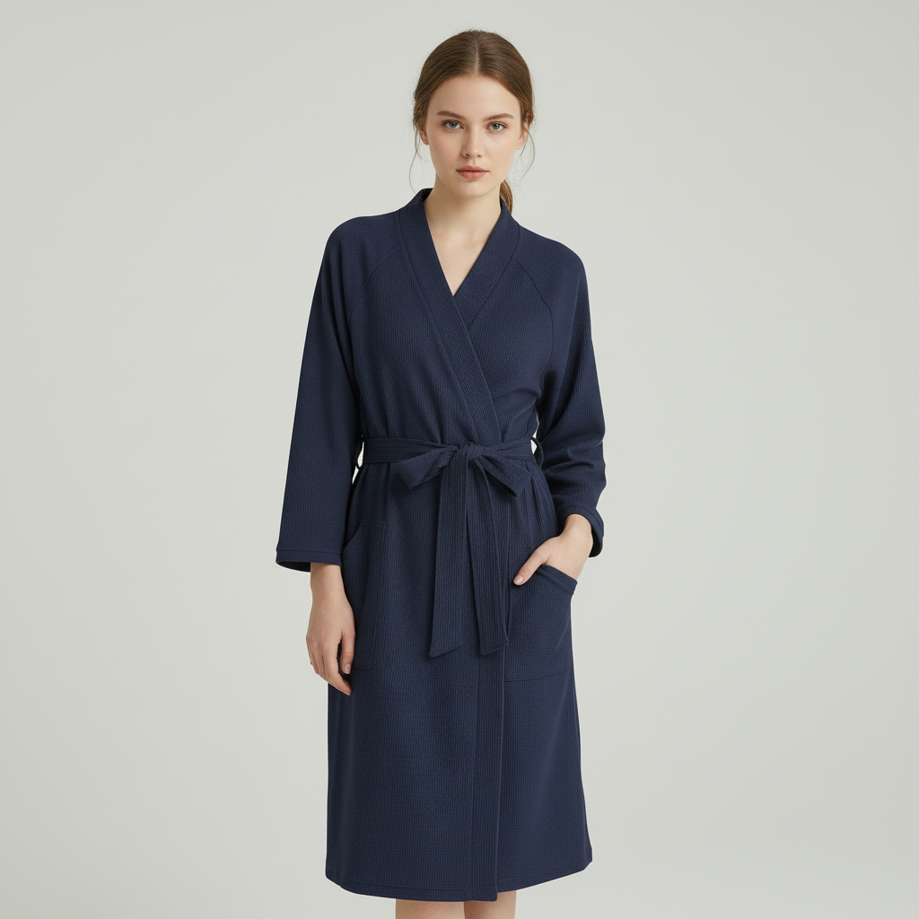 View of the elegant tie-belt on a women's breathable soft comfort bathrobe, leisure robe