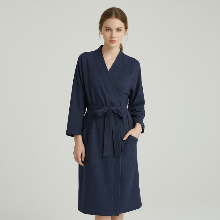 View of the elegant tie-belt on a women's breathable soft comfort bathrobe, leisure robe