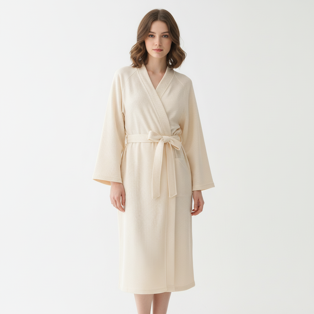 Women's spa bathrobe, breathable and soft, draped over an armchair, luxurious comfort