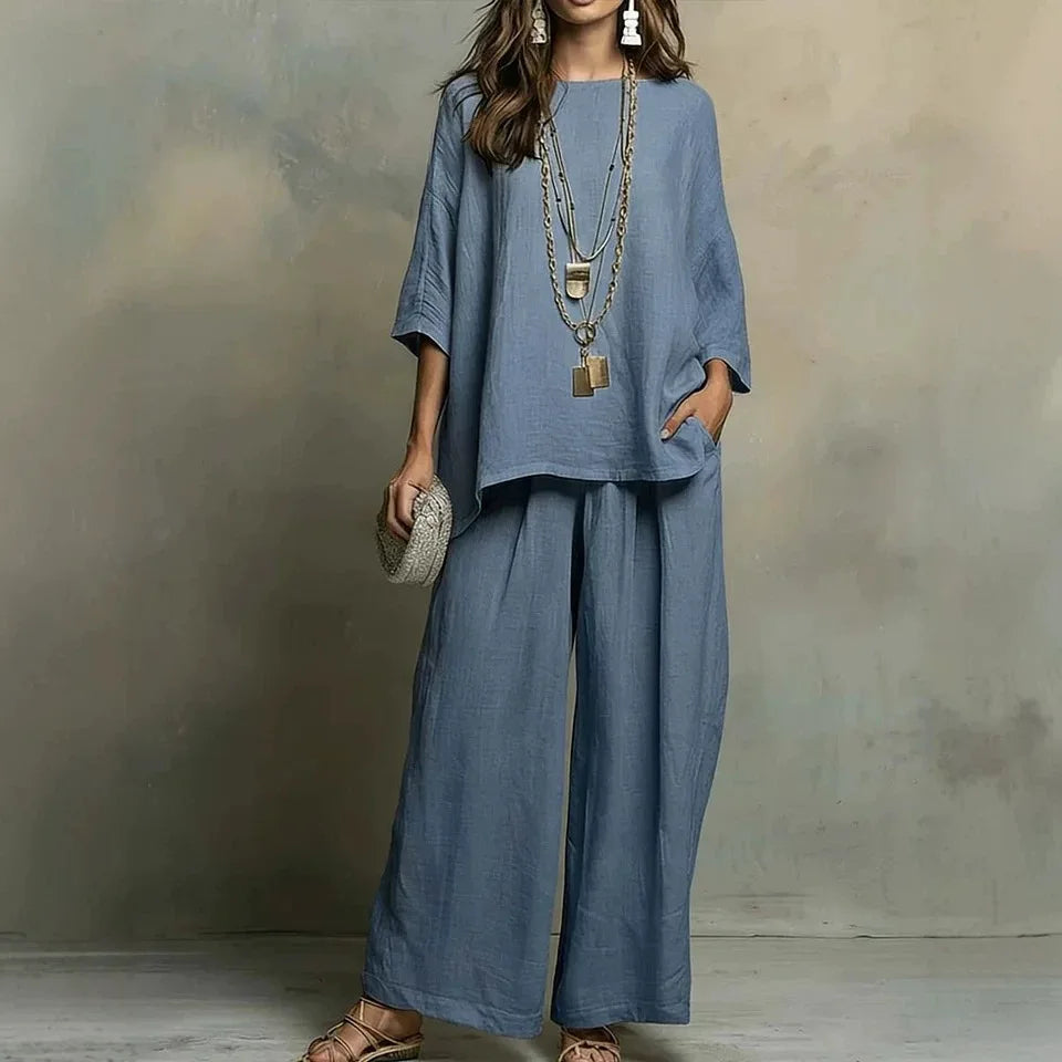 Relaxed fit women's wide-leg pant set, ideal for casual wear, travel, and comfy summer outfits.