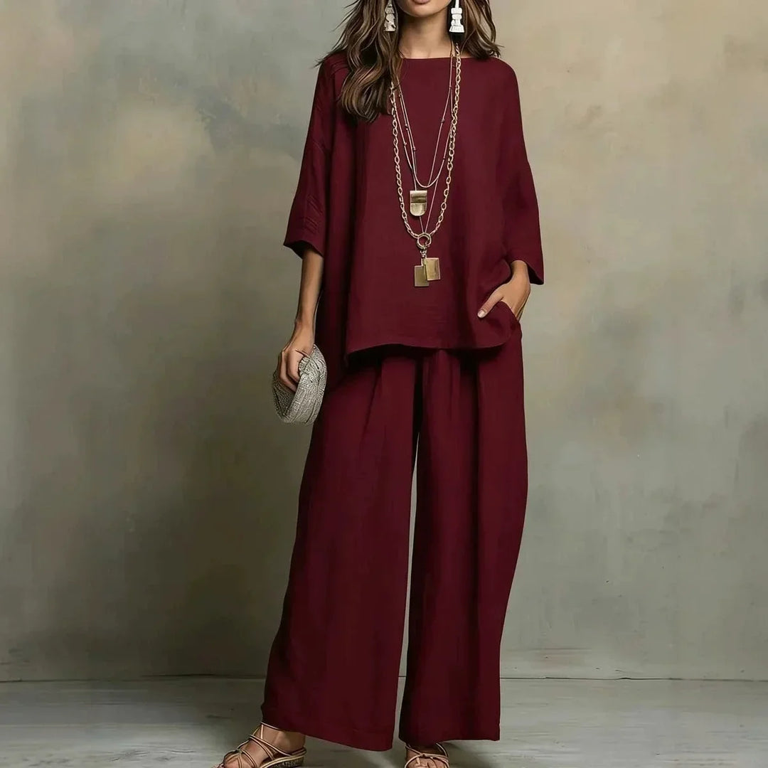 Stylish women's matching two-piece wide-leg pant set, featuring breathable fabric for summer comfort.