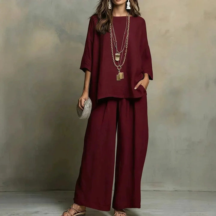 Stylish women's matching two-piece wide-leg pant set, featuring breathable fabric for summer comfort.