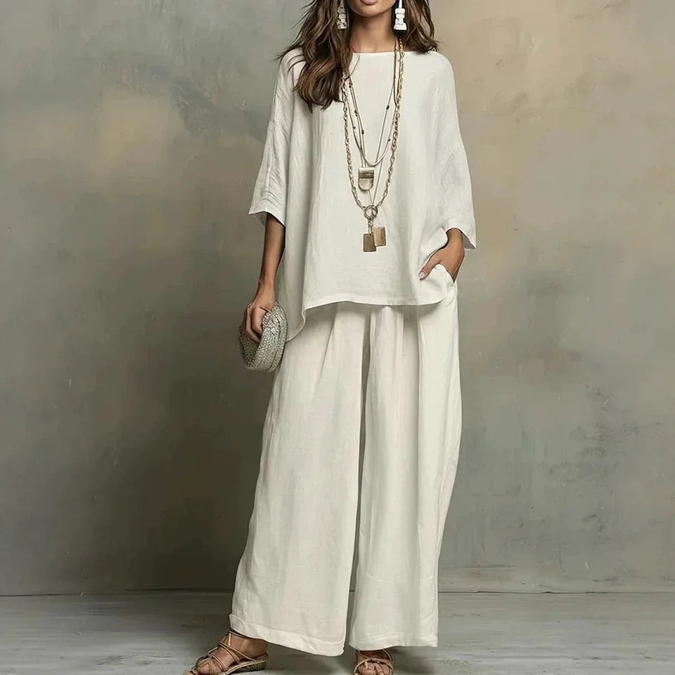 Effortless summer style with this women's wide-leg pant set, a versatile and comfy casual outfit.