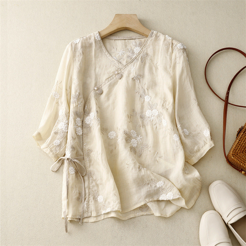 Women's breezy embroidered floral blouse with long sleeves & tie front. Perfect for elegant casual summer/spring fashion.