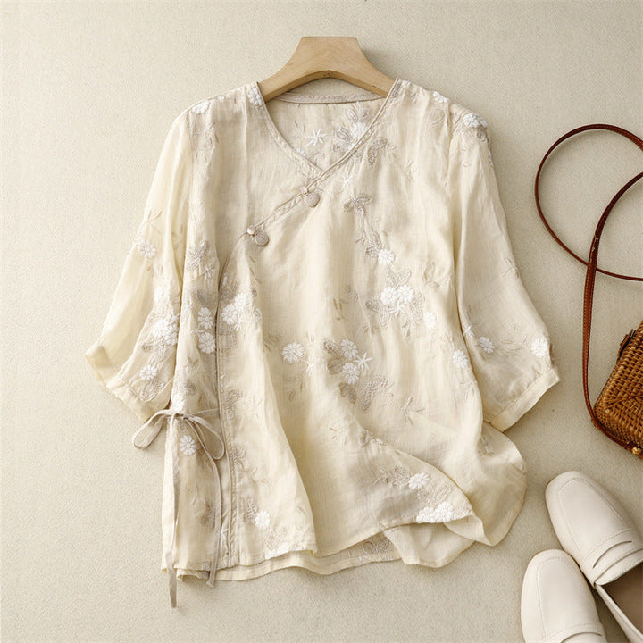 Women's breezy embroidered floral blouse with long sleeves & tie front. Perfect for elegant casual summer/spring fashion.