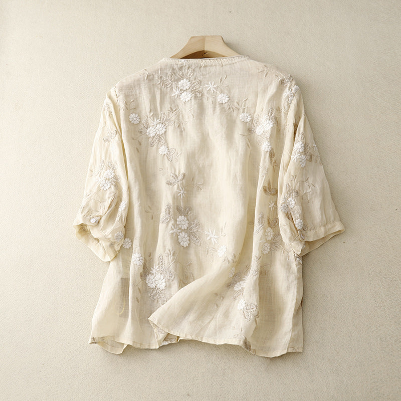 Relaxed fit women's floral embroidered blouse, a versatile tie-front long sleeve top for breezy spring & summer style.
