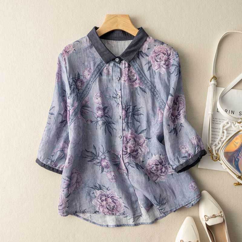 Women's Breezy Floral Print Scalloped Shirt, an elegant long sleeve blouse perfect for summer & spring.
