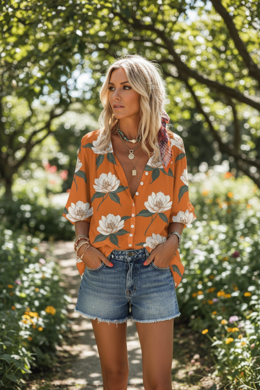 Elegant printed women's summer blouse, lightweight and relaxed fit, ideal for resort or casual wear.