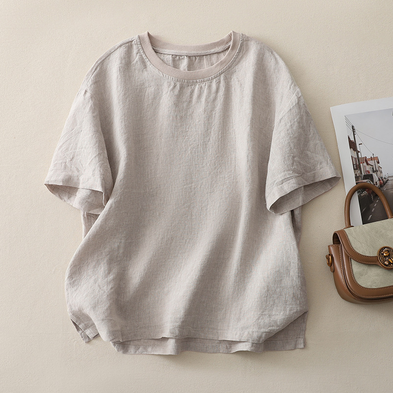 Women's breezy linen cotton blend tee, relaxed fit, perfect for casual summer wear.