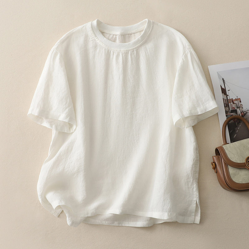Breathable linen blend tee for women, comfortable & relaxed, ideal casual summer top.