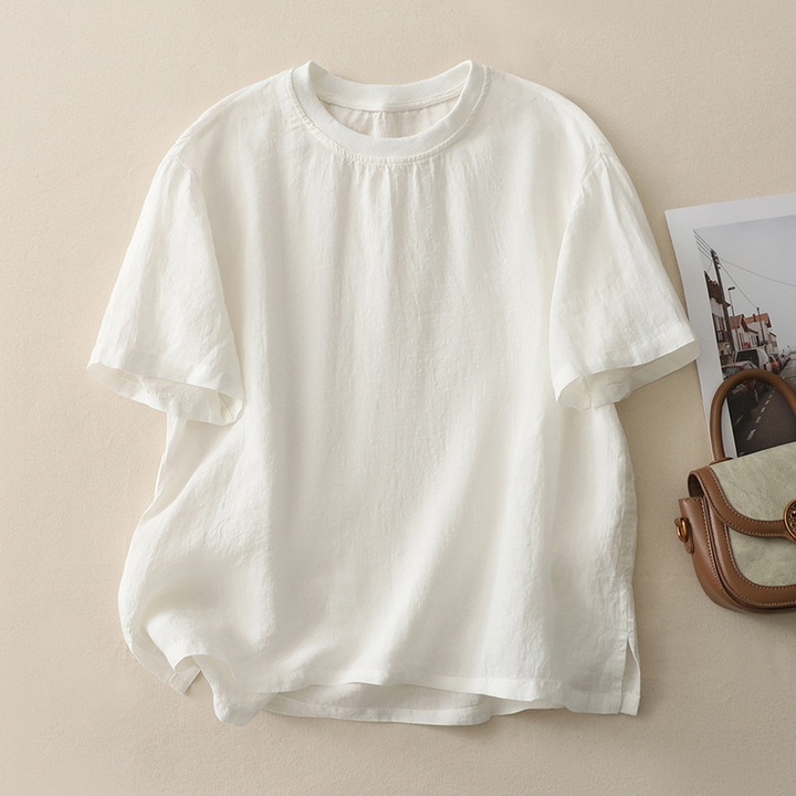 Breathable linen blend tee for women, comfortable & relaxed, ideal casual summer top.