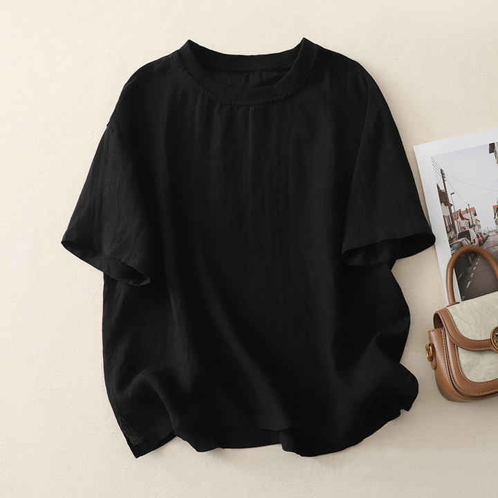Women's Breezy Linen Blend Tee, a relaxed, breathable top for comfortable summer style.