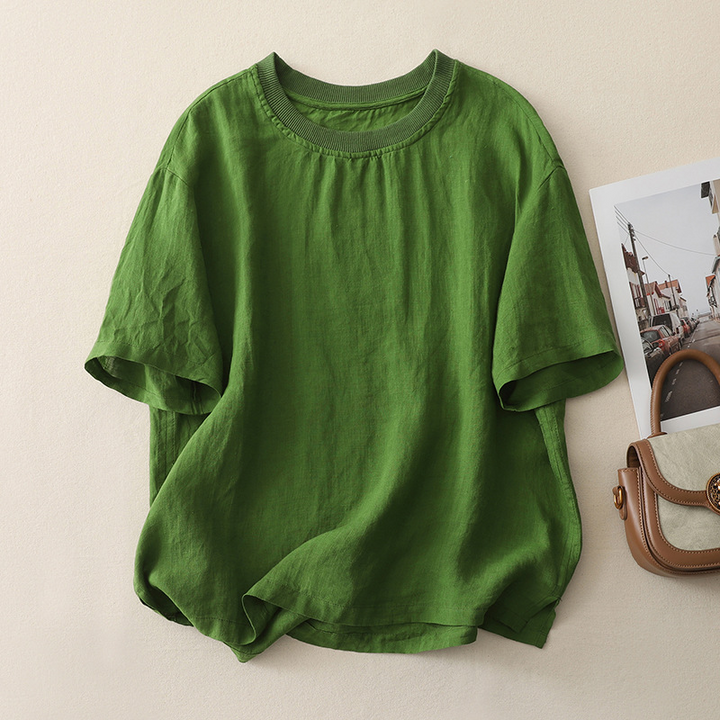 Lightweight linen cotton blend tee for women, offering breathable comfort in summer tops.