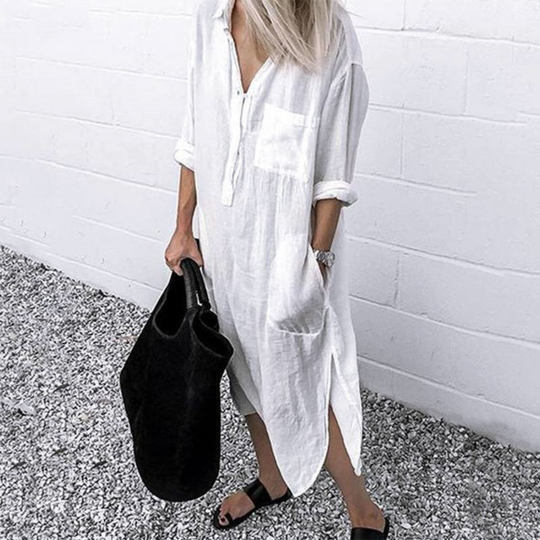 Stylish women's long summer dress, perfect beachwear or vacation outfit, featuring flowy comfort.