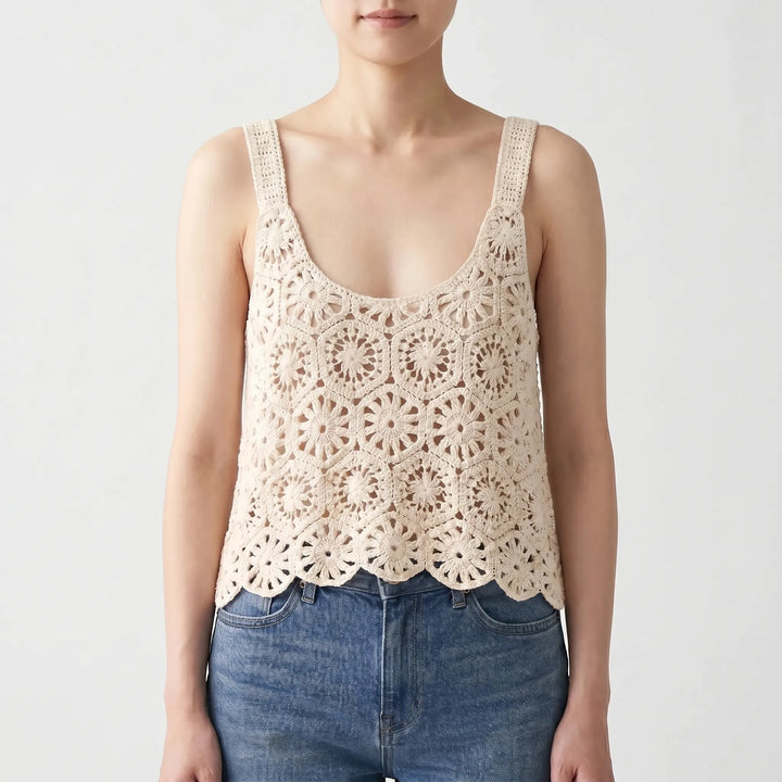 Stylish open-knit bohemian crop top for women, sleeveless and lightweight with a relaxed fit.