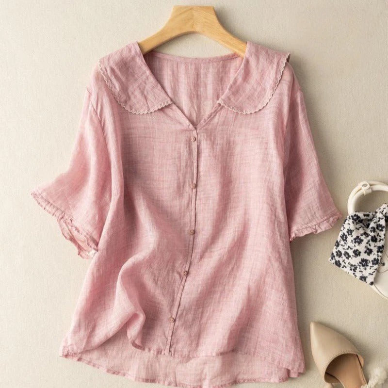 Elegant women's scallop collar blouse. A chic, long sleeve, breezy top perfect for versatile summer fashion & comfort.
