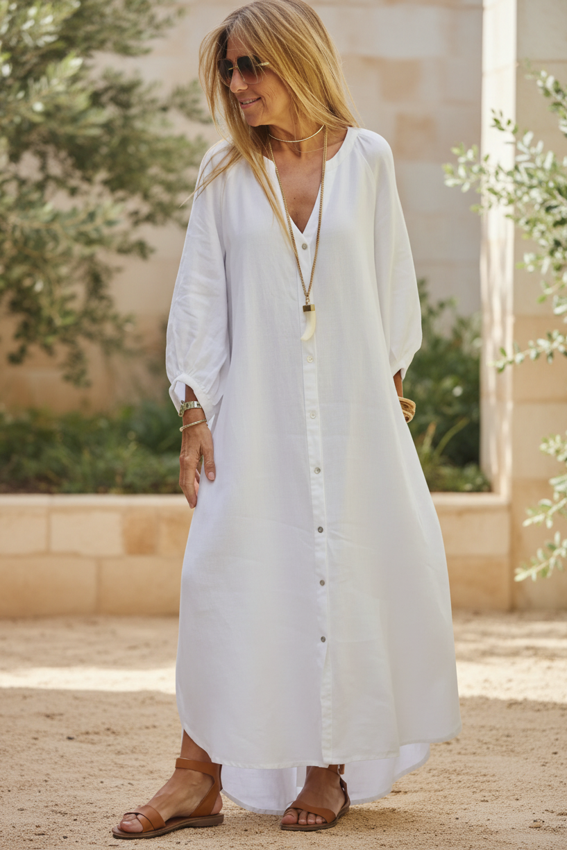 Lightweight women's button-up summer dress. Flowy, soft fabric offers ultimate comfort and versatile style.