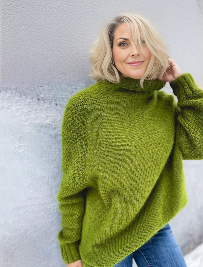 Women's bright green oversized knitted turtleneck sweater, perfect for fall fashion.