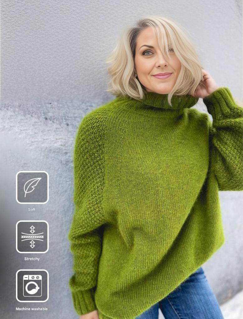 Women's bright green oversized knitted turtleneck, a casual yet elegant sweater for any occasion.